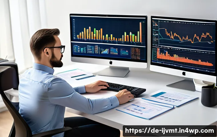 ETF 투자로 인한 세금 문제 이해하기 - A professional German investor sitting at a modern desk with multiple computer screens displaying ET...