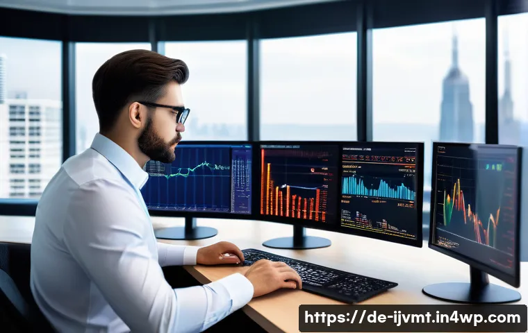 펀드 매니저의 ETF 투자 전략 - A professional financial analyst in a modern office setting, analyzing multiple large digital screen...