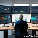 ETF를 활용한 은퇴 자산 구축 전략 - A modern, bright German home office setting with a middle-aged professional analyzing diverse ETF po...