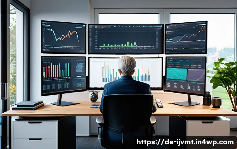 ETF를 활용한 은퇴 자산 구축 전략 - A modern, bright German home office setting with a middle-aged professional analyzing diverse ETF po...