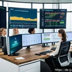 ETF 투자에 대한 전문가의 조언 - A modern office scene showing a diverse group of professional investors analyzing sustainable ETFs o...