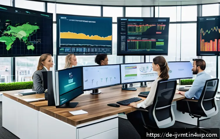 ETF 투자에 대한 전문가의 조언 - A modern office scene showing a diverse group of professional investors analyzing sustainable ETFs o...