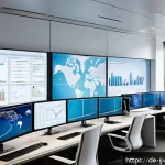 ETF 분산 투자로 리스크 관리하기 - A sophisticated financial analyst&rsquo;s workspace showing multiple large screens displaying global stock...