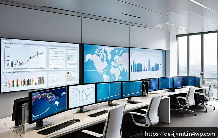 ETF 분산 투자로 리스크 관리하기 - A sophisticated financial analyst’s workspace showing multiple large screens displaying global stock...