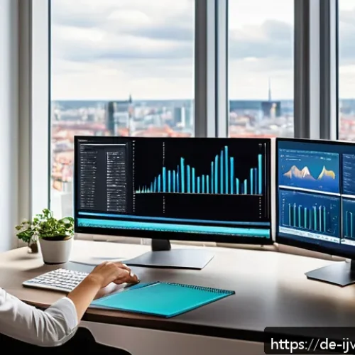 ETF 자동 투자 시스템 활용하기 - A modern German home office scene showing a young professional sitting comfortably at a sleek desk w...