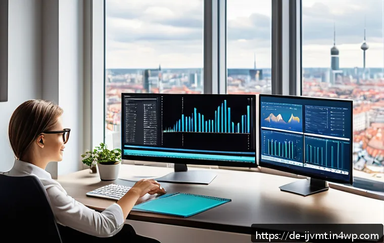 ETF 자동 투자 시스템 활용하기 - A modern German home office scene showing a young professional sitting comfortably at a sleek desk w...